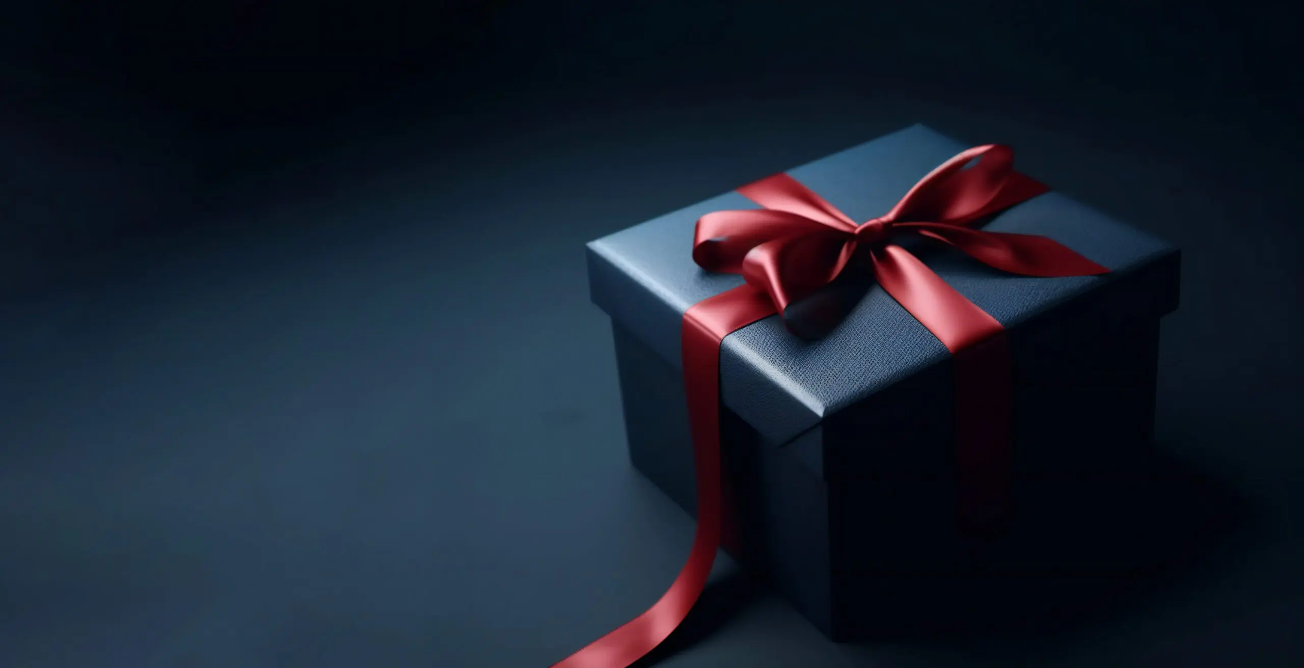 赤いリボンと蝶結びが付いたダークブルーのギフトボックスは、暗い背景にエレガントに鎮座しており、失敗しないプレゼント選びや思慮深い転職祝いに最適です。.