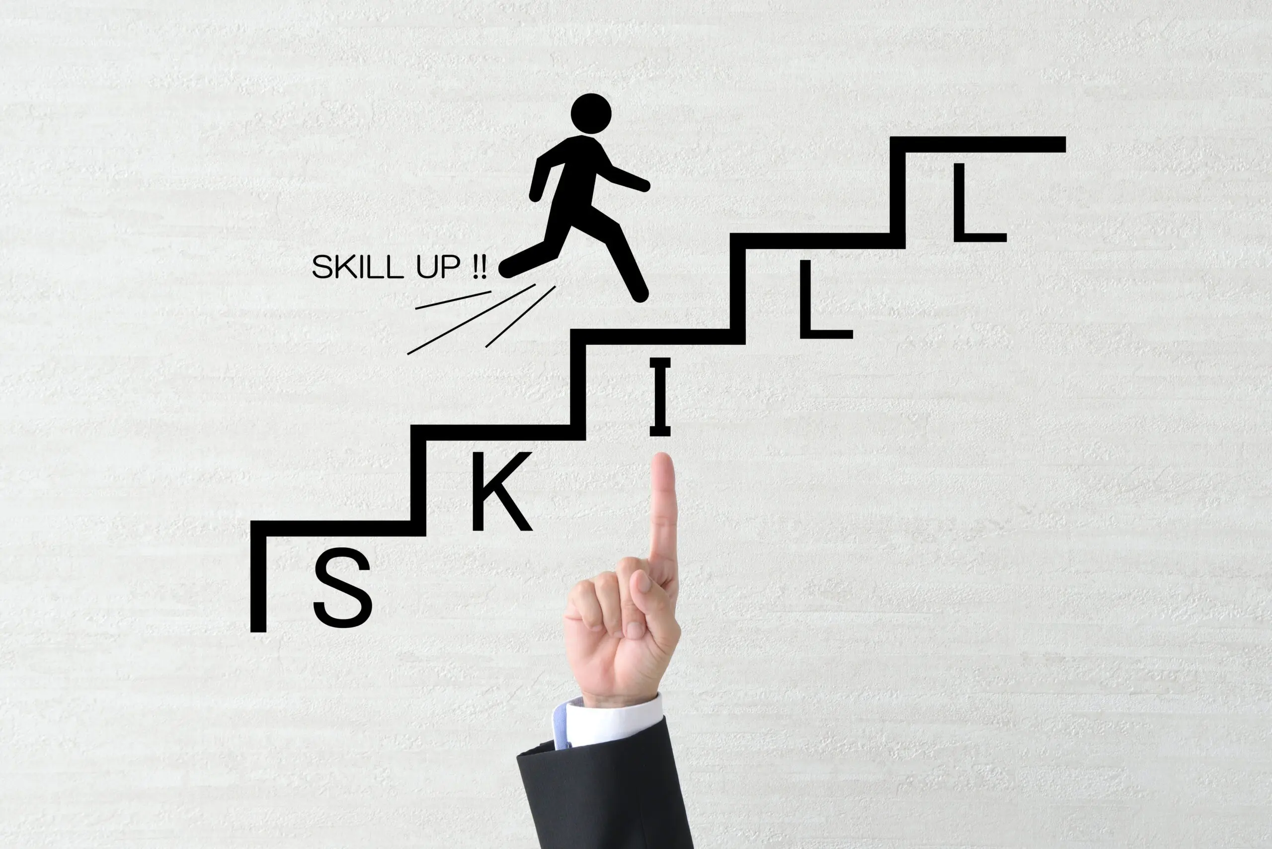 グラフィックには、「SKILL」と書かれた階段を上る人物が描かれており、上を向いた指で洞察力を発揮しています。「SKILL UP!!」という文字は、転職を成功に導く完璧な志望動機を作成するのと同様に、進歩を意味します。.