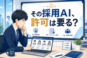 オフィスにいる男性が、候補者のプロフィールが表示されたノートパソコンを見つめている。彼の背後には、AIを活用した採用とコンプライアンスに関する日本語の大きな看板があり、そこには安全性、公平性、透明性に関するチェックボックスが並んでいる。.