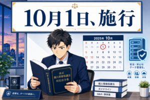 2025年10月のカレンダー、街並みの風景、セキュリティのアイコンが置かれた机で、男性が本を読んでいます。日本語のテキストには、個人情報保護に関する10月1日の法律または方針の施行について記載されています。.