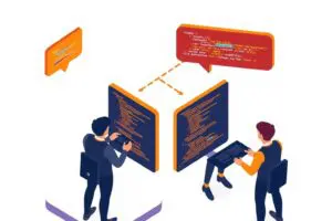 ビジネススーツ姿の2人が、コードが表示された大型スクリーンに向き合い、プログラミングの共同作業やコードレビューを行っている様子がうかがえ、吹き出しからは議論が交わされていることが示唆されている。.