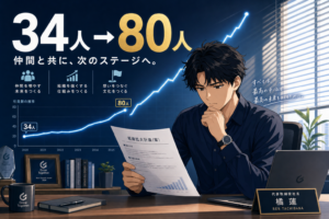 アニメ風のビジネスマンがオフィスで書類を確認している様子が描かれており、背景には従業員数が34人から80人へと増加していることが示された成長グラフが映し出されている。.