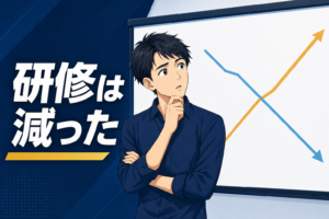 オレンジ色の線が上昇し、青色の線が下降しているホワイトボードを見つめている若い男性。その横にはトレーニング量が減少しましたという日本語の文字が書かれている。.