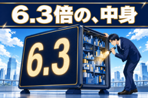 あるビジネスマンが、6.3と表示された大きなデジタルディスプレイに懐中電灯を照らすと、ディスプレイが開き、その中からミニチュアのオフィス用ファイルや図表が現れる。見出しには6.3倍の中身と書かれている。.