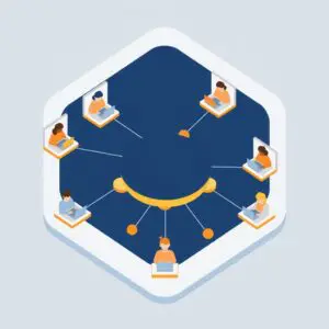 六角形の図の中で、中央のハブに接続されたノートパソコンの前に座っている6人の人物。.