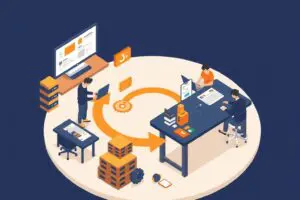 コンピューターや机に向かって作業している3人の人物を等角投影で描いたイラスト。3人は、ワークフローのプロセスを表すオレンジ色の円形の矢印でつながっている。.