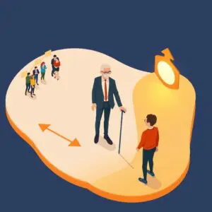杖をついた高齢の男性と若い人が、方向を示す矢印のある黄色いプラットフォームの上に立っており、その向こうでは人々のグループが待っている。.