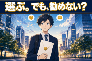 ビジネススーツ姿のアニメ風の青年が、夕暮れの街に立ち、封をした封筒を手にしている。その頭上には、選んで。でも、おすすめはしない？という日本語の文字が、ハートとメッセージのアイコンとともに書かれている。.