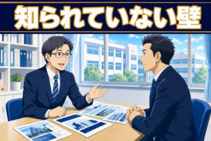 スーツ姿のビジネスマン2人が机を挟んで書類について話し合っており、窓の向こうには校舎が見える。彼らの頭上には、知られていない壁と書かれた日本語の横断幕が掲げられている。.