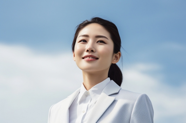 白いスーツを着た人が屋外で青空を背景に微笑みながら、異業種転職の可能性について思いを巡らせている。.