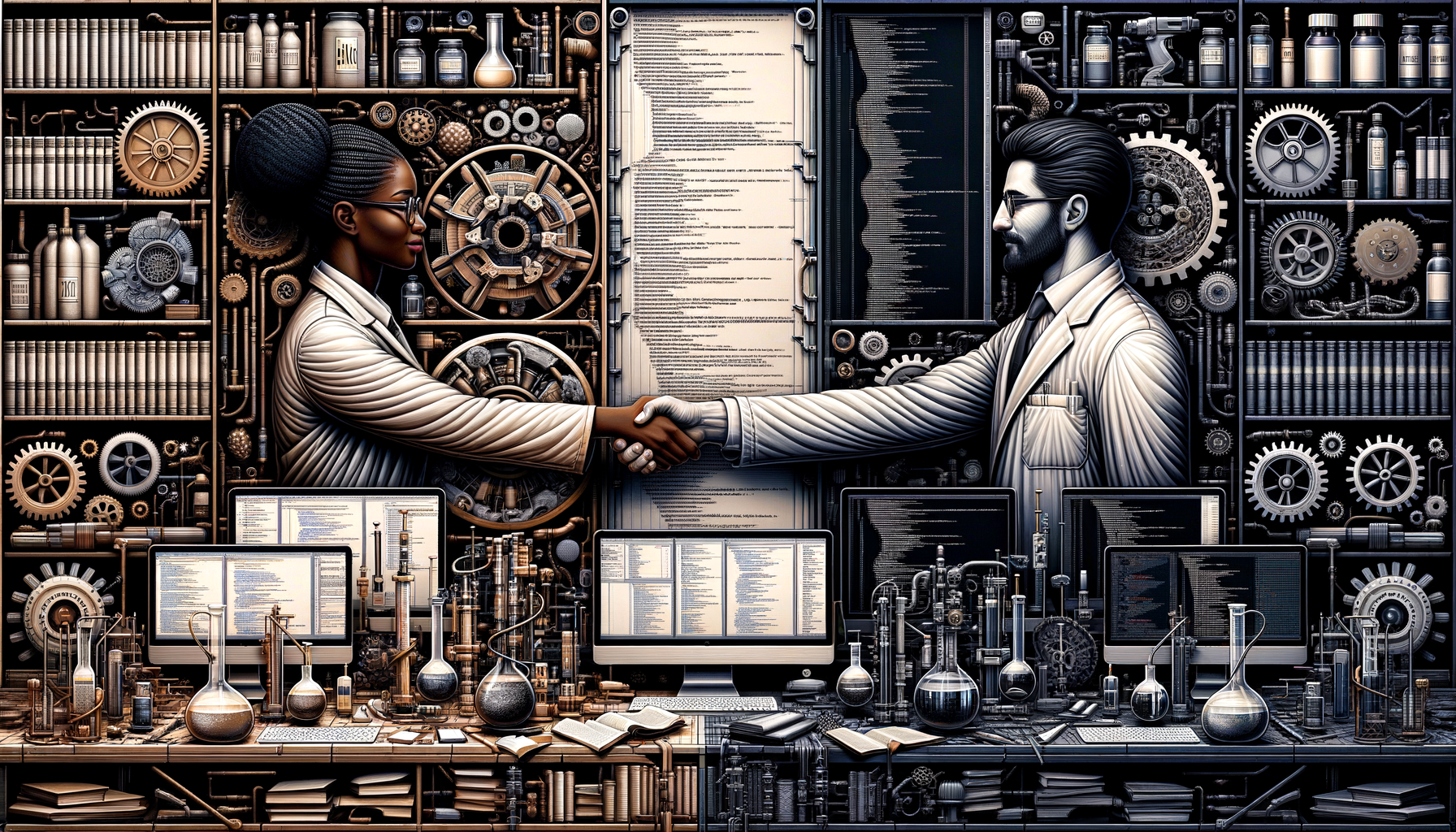 機械、歯車、コンピューター、ガラス製品でいっぱいの研究室で、コードと機械図が表示された大きなパネルの前で握手する2人の科学者。.