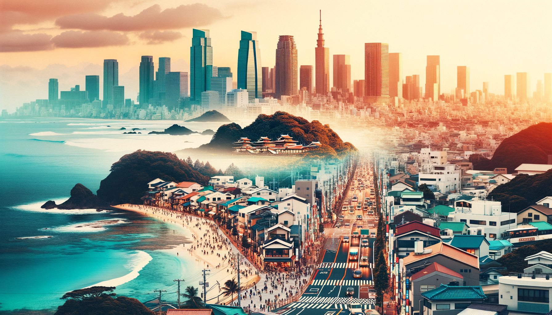 賑やかな海岸沿いの近代的な高層ビルと伝統的な日本の建物が調和した街並みは、都市と海岸の環境のコントラストを示している。.