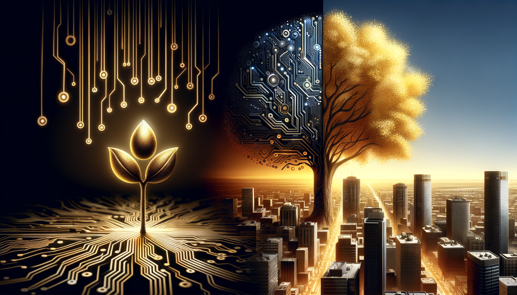 植物と木が回路パターンと融合し、街並みの上に自然とテクノロジーが融合したデジタル・イラストレーション。.