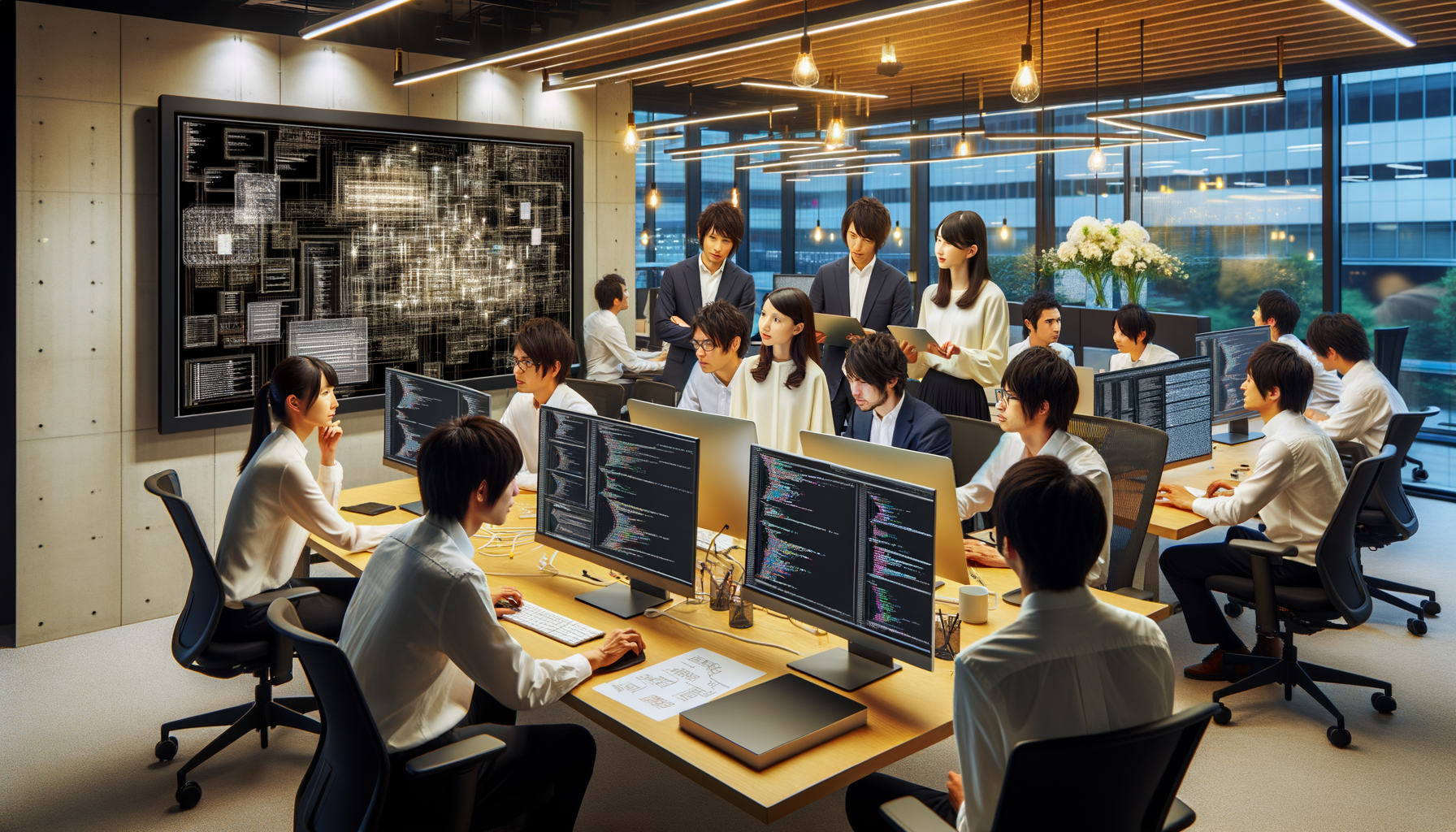 近代的なオフィスで、数人がコードを表示するコンピューターに向かい、他の人たちは立って議論している。大型スクリーンにはデータとコードが映し出され、床から天井まである窓からは外の街並みが見える。.