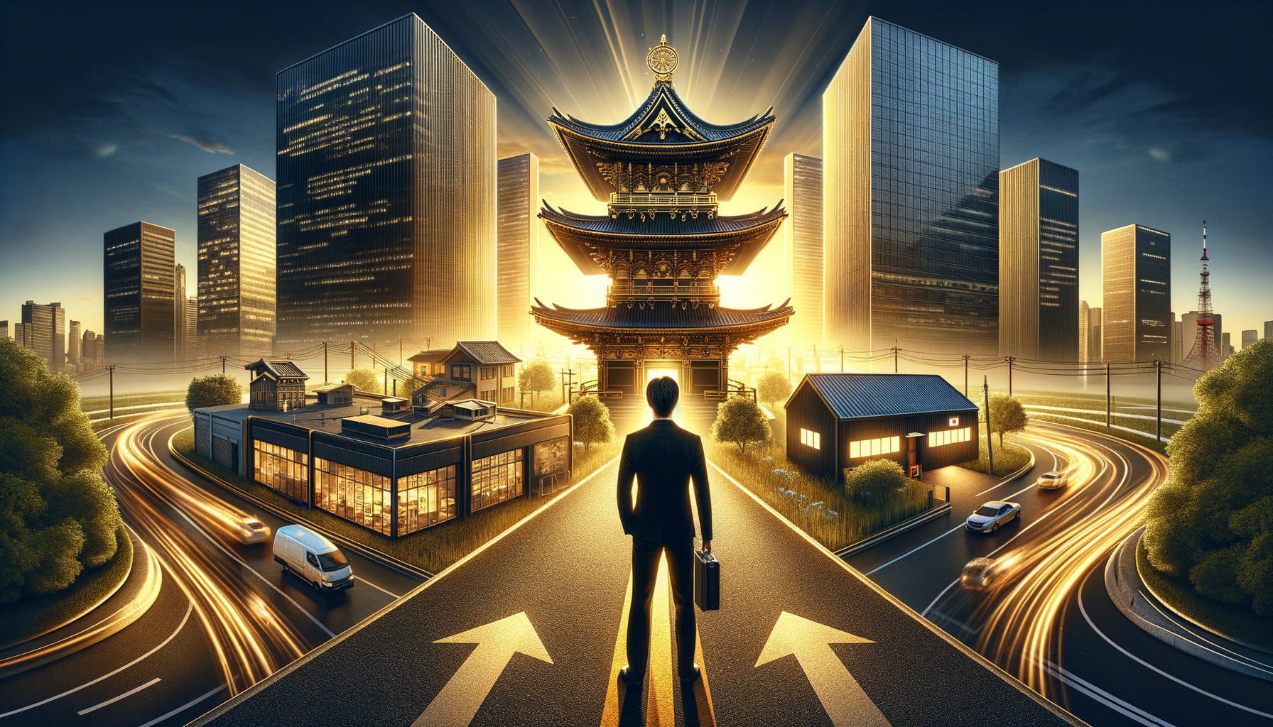 近代的な高層ビルの間に建つ伝統的なパゴダに向かって、ブリーフケースを持った人物が分かれ道に立っている。.