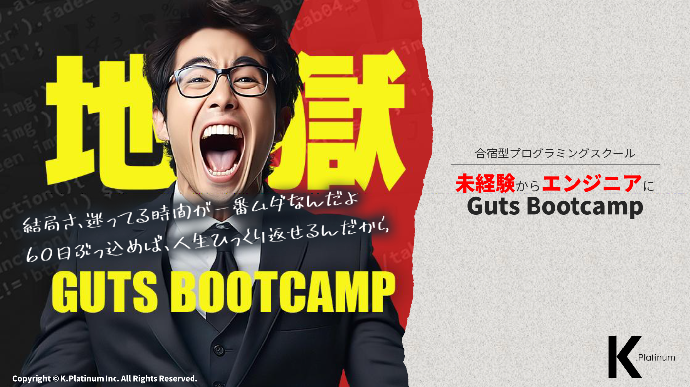 眼鏡をかけ、スーツを着た男性が、太い日本語の文字と「GUTS BOOTCAMP」と書かれた文字で熱狂的に叫んでいる。.