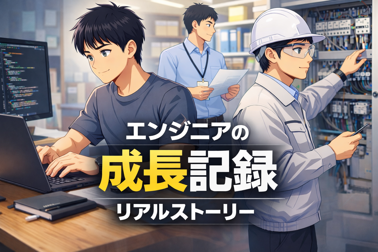 3人の男性エンジニアのイラスト：1人はノートパソコンで作業、1人はクリップボードを持ち、1人は電気機器を点検するハードハット姿。日本語のテキストが画像に重なっている。.