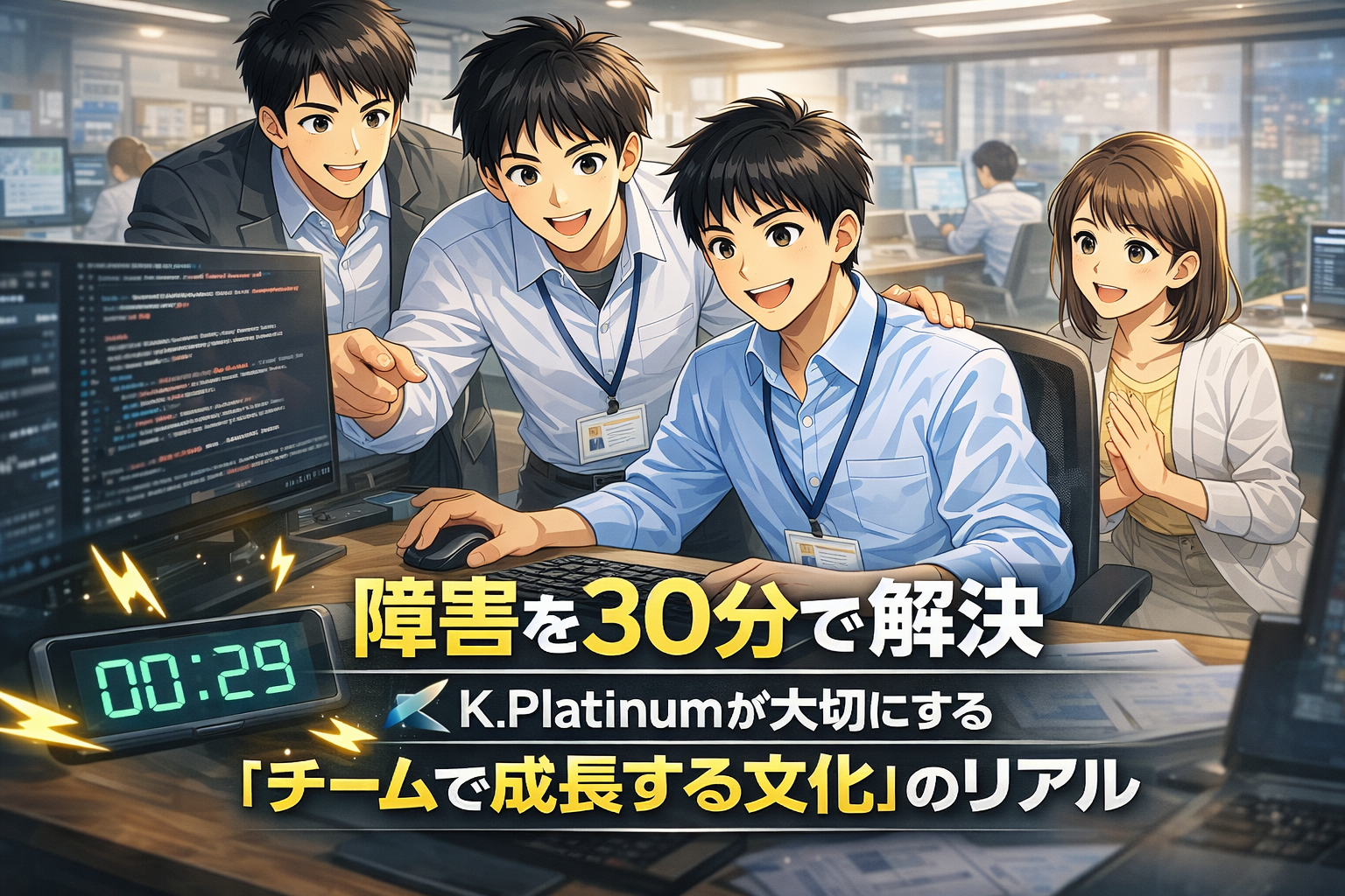 4人の若いプロフェッショナルがオフィスのデスクで共同作業をしている。タイマーは00:29を示す。日本語のテキストが画像に重なり、チームワークと問題解決を強調している。.