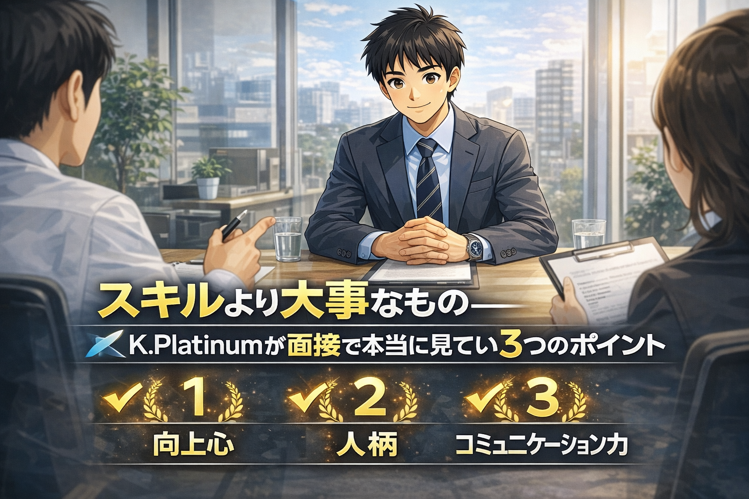 人の面接官と面接を受ける若いプロフェッショナル。日本語の文章は、野心、個性、コミュニケーションという3つのポイントを強調している。.