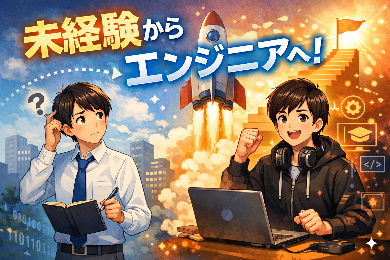 一人はノートを手に困惑した表情を浮かべるビジネス姿、もう一人はカジュアルな服装にヘッドホンをつけ、自信に満ちた表情でノートパソコンに向かっている。背景にはロケットの発射音。.