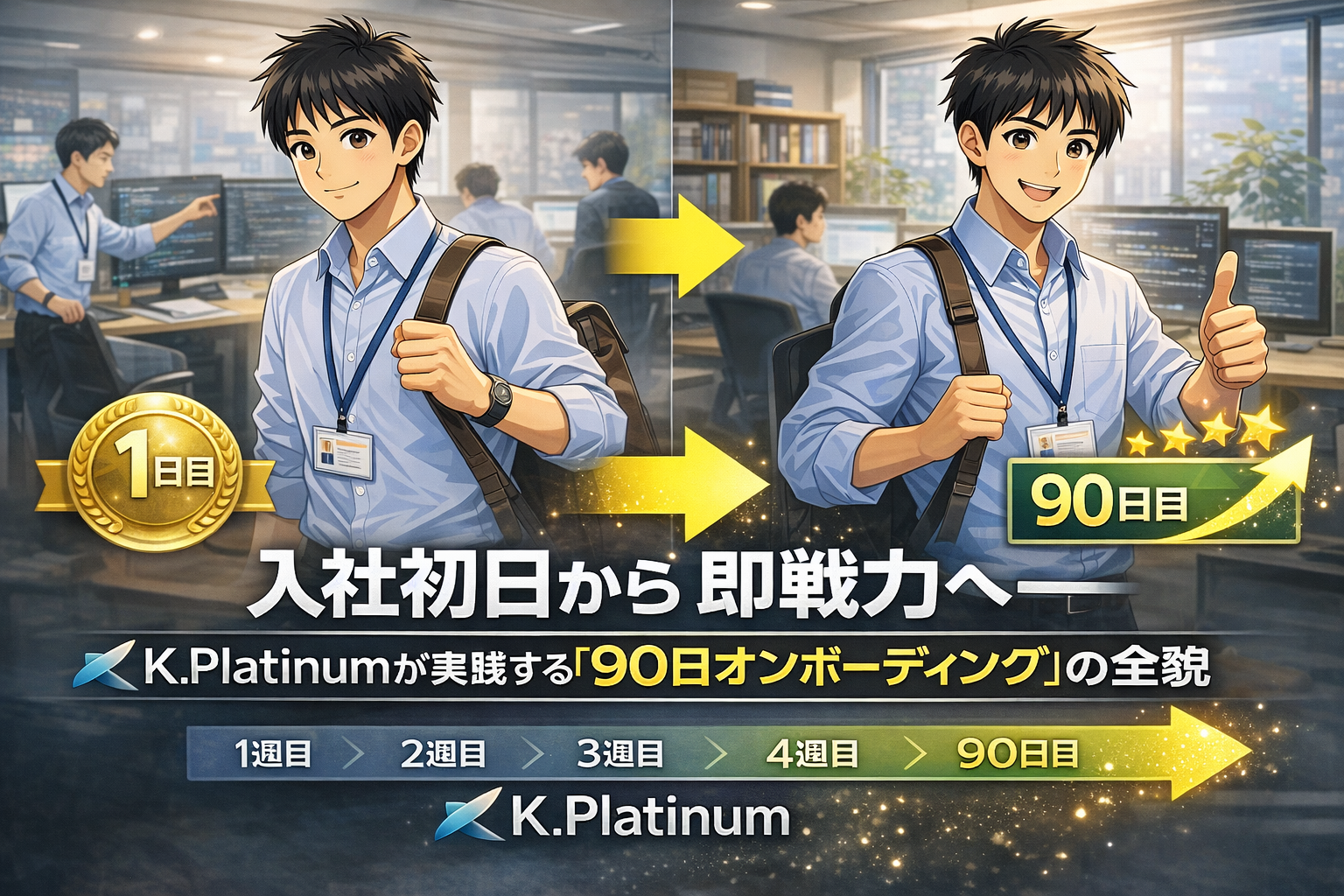 初日を迎えた若いプロフェッショナルが、90日後には自信に満ちた社員へと変貌を遂げる様子を、進捗マーカーと職場背景を用いた企業の新入社員導入プロセスで表現している。.