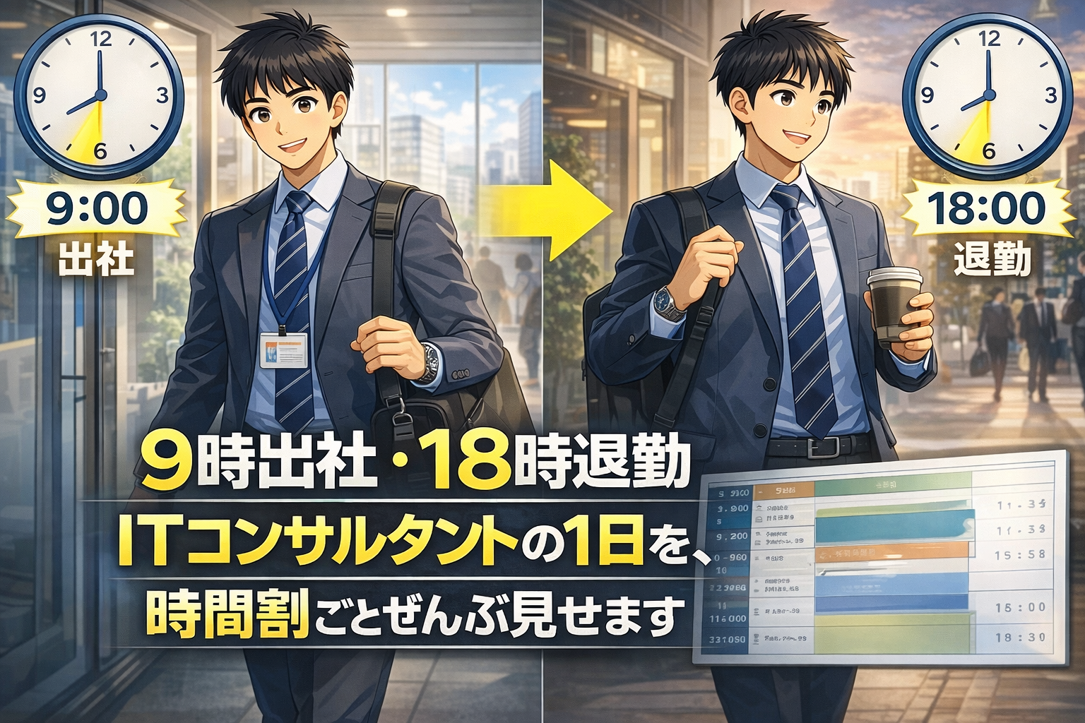 スーツ姿の男性会社員が朝9時に通勤し、夕方6時に退社する様子が、日本語の文章とITコンサルタントの1日のスケジュールを交えて紹介されている。.