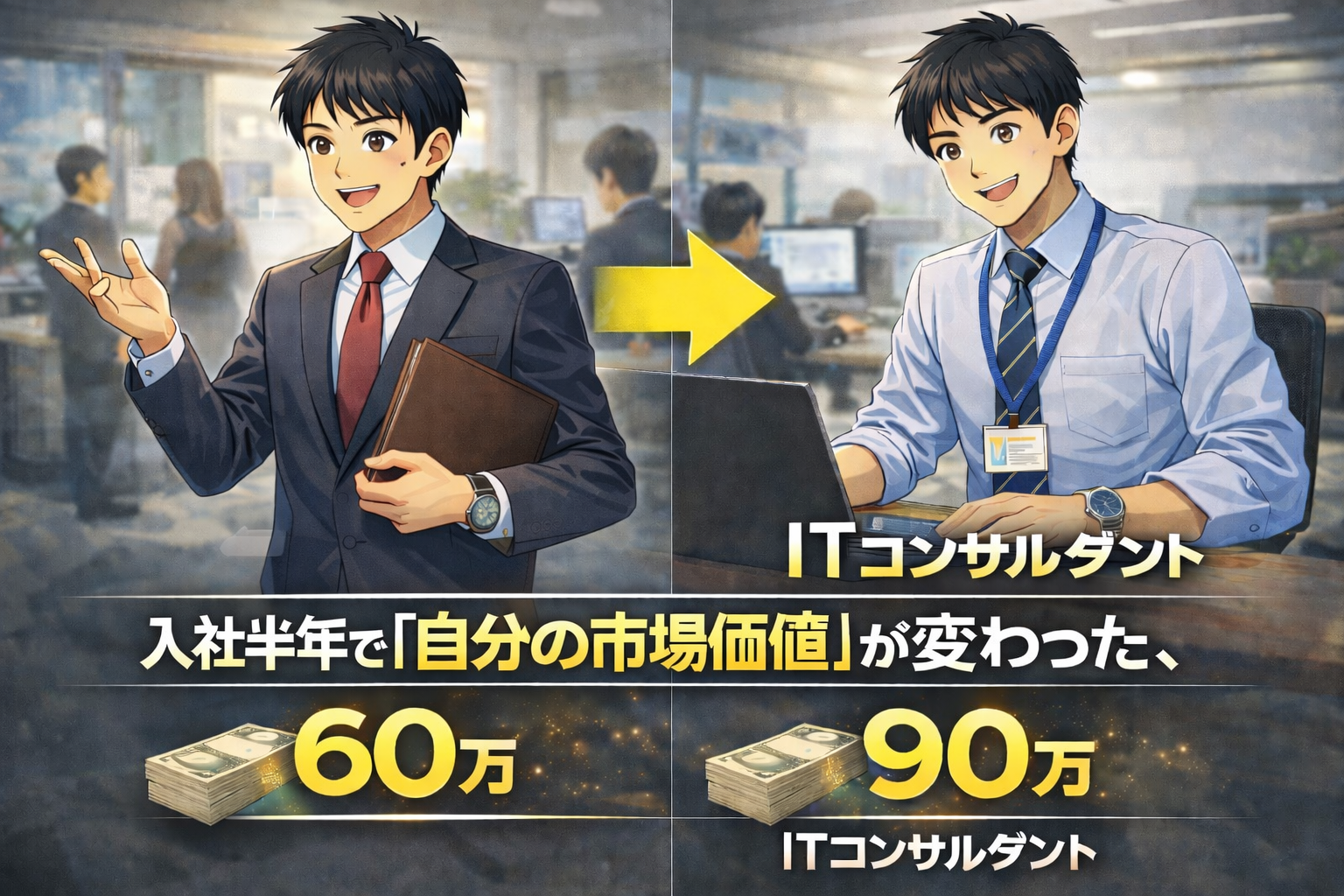 フォルダーを持つスーツ姿の青年ビジネスマン（給与60万）と、バッジを持つ事務服姿の青年ビジネスマン（給与90万）。日本語テキスト付き。.
