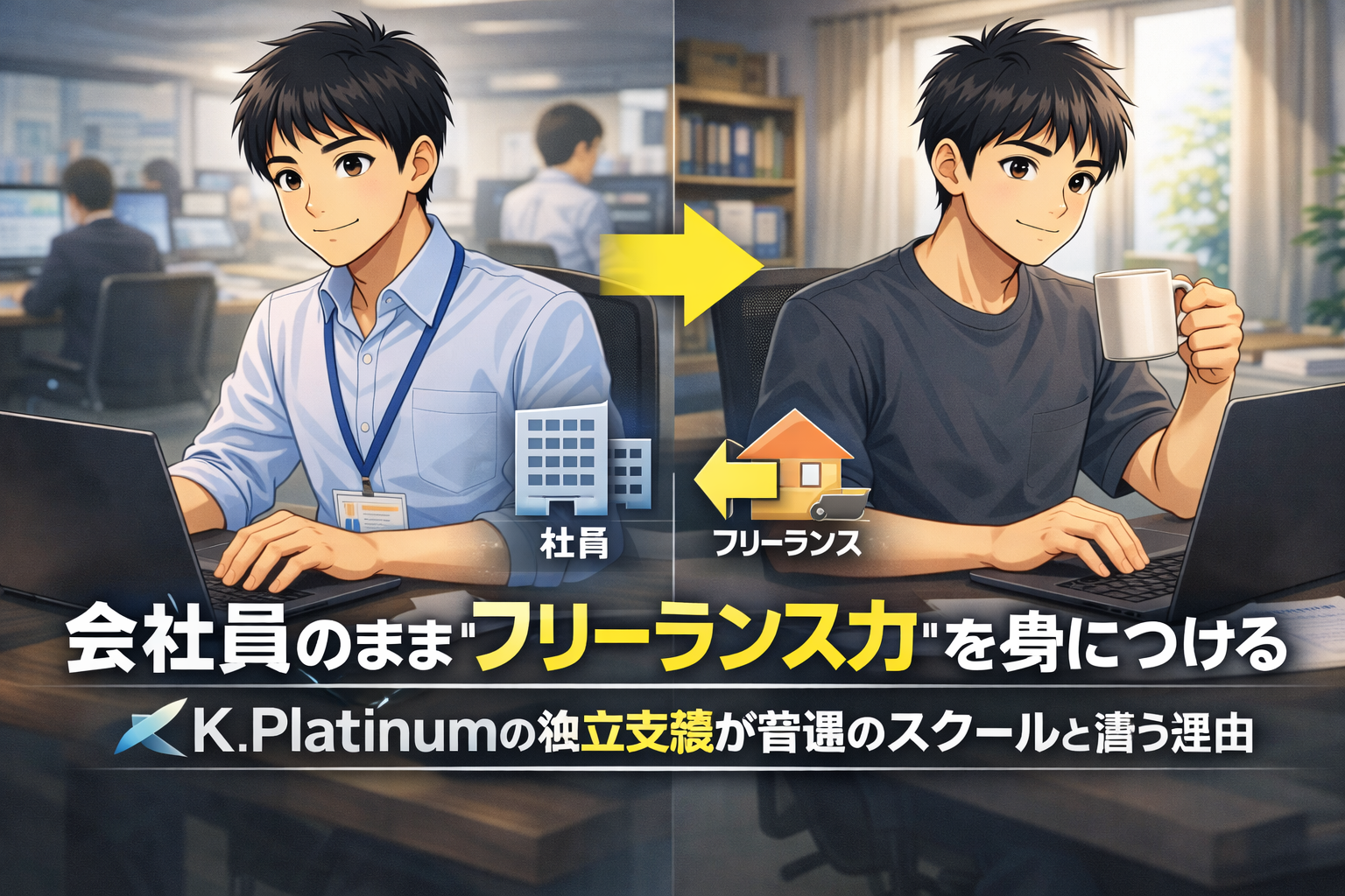 オフィスのデスクで働く男性が、自宅でフリーランスとして働くようになる様子を、フリーランス支援サービスに関する日本語のテキストとともに2枚の画像を並べて映し出す。.