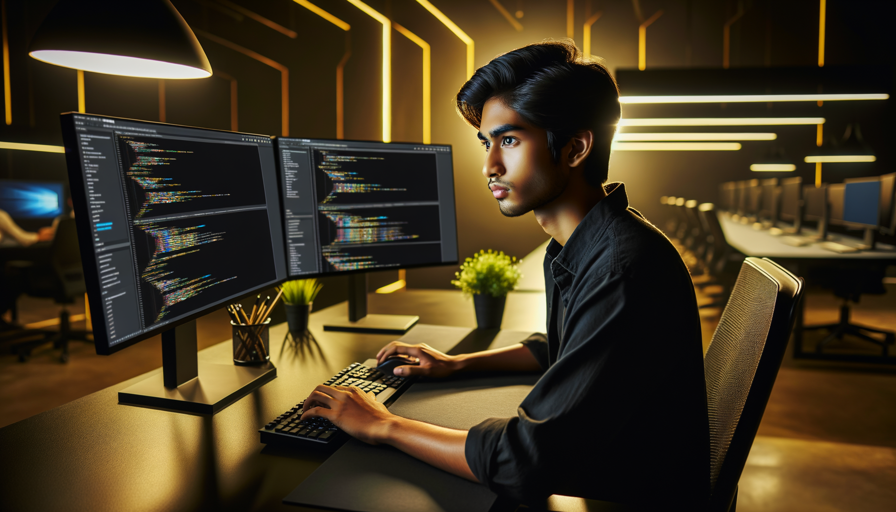 コンピューター・ワークステーションが並ぶ薄暗い近代的なオフィスで、コードを表示するデュアルモニターが置かれたデスクに座る若い男性。.