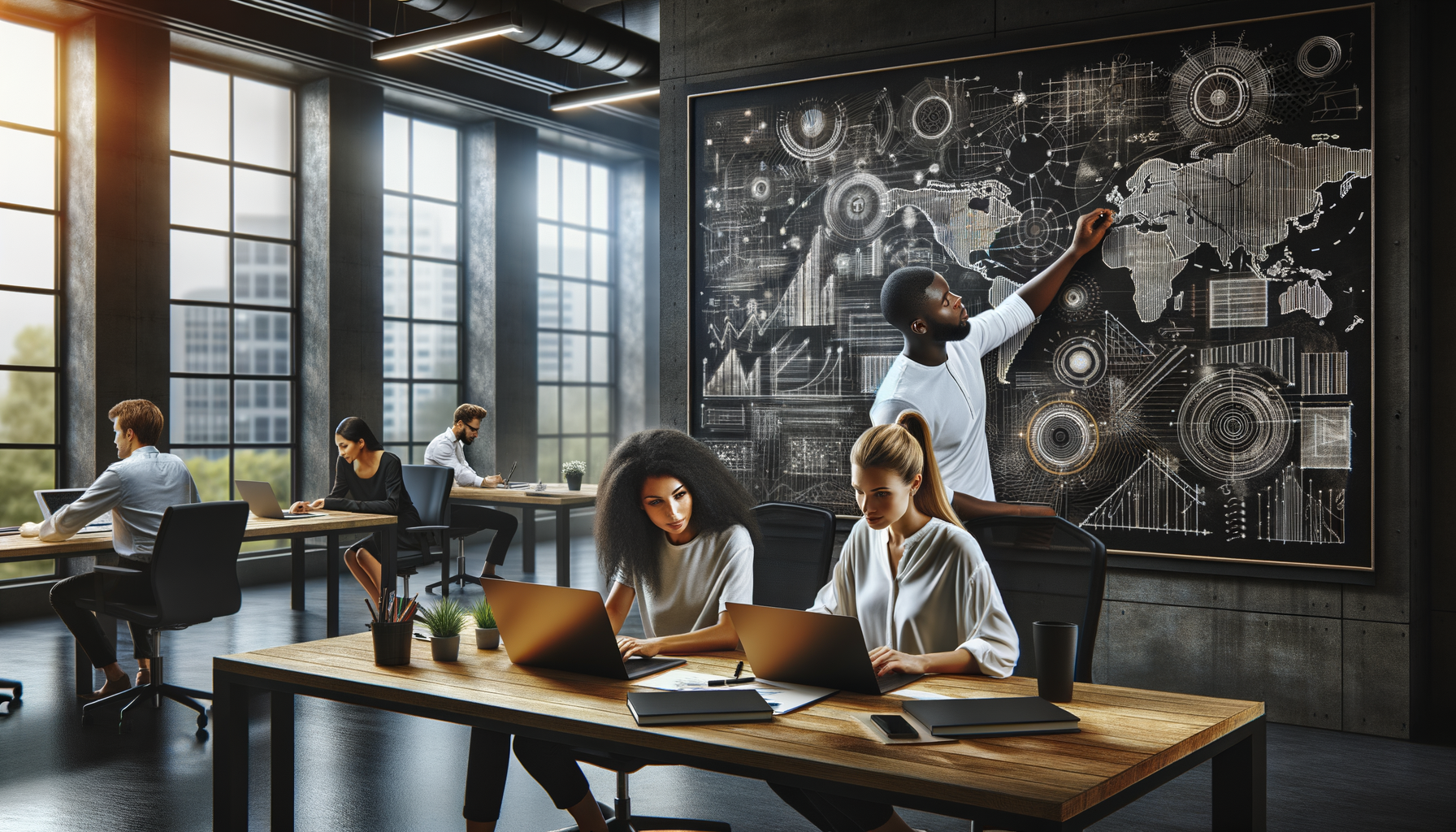 近代的なオフィス。人々はデスクでノートパソコンを使って仕事をし、男性は大きな世界地図と黒板のデータチャートのそばに立って同僚に情報を説明している。.