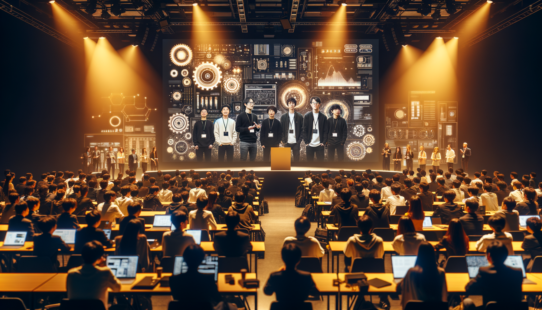 会議やセミナーで、テクノロジーをテーマにしたグラフィックを背景に、大勢の聴衆がステージ上の講演者たちに見入っている。.