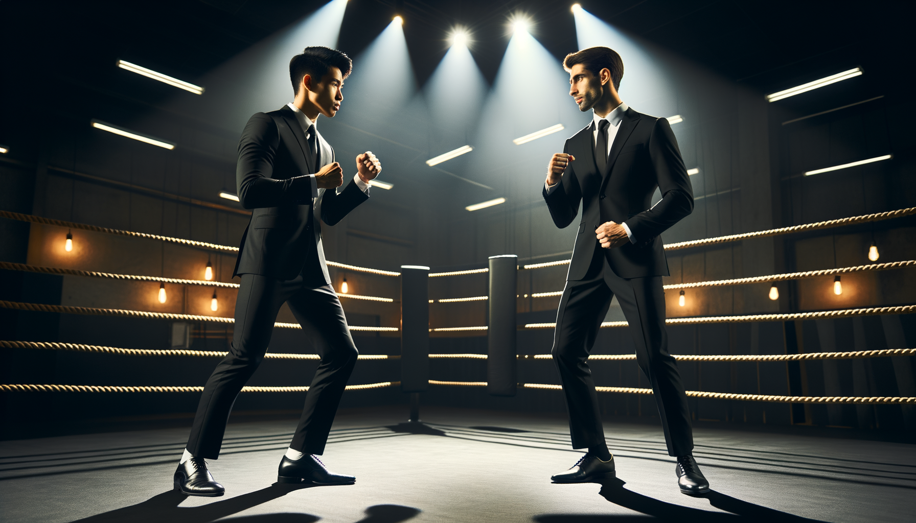 黒いスーツにドレスシューズを履いた2人の男が、明るい照明の下、ボクシングリングに立ち、ファイティングスタンスで向かい合っている。.