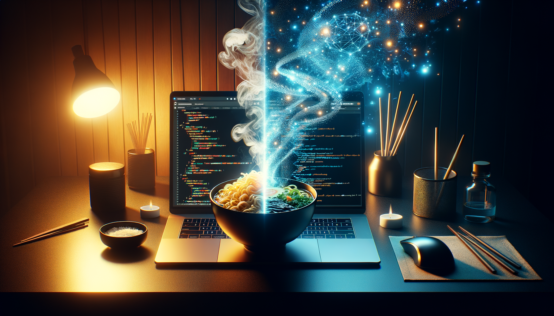 画面にコードが表示されたノートパソコンの上に、湯気とデジタル模様のスプリット・エフェクトを発する麺のボウルが置かれ、箸や机の上の小物がシーンを取り囲んでいる。.