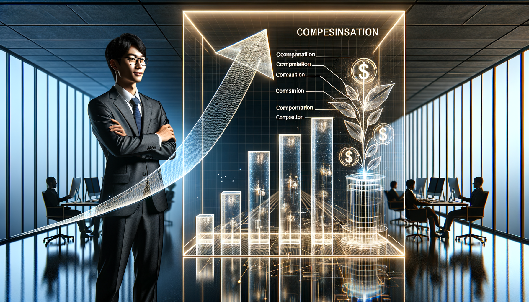 上昇する棒グラフ、上向きの矢印、財務記号が表示されたデジタルグラフィックのそばに立つビジネスマン。.