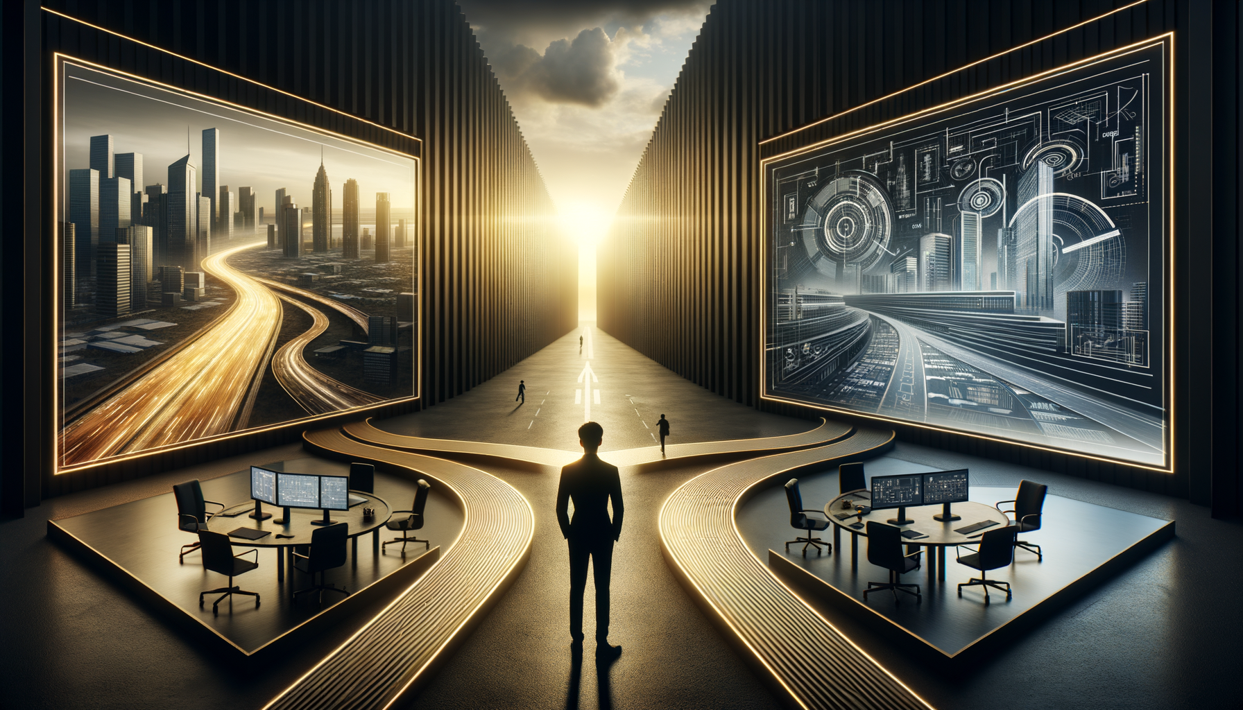近代的な街並みとデジタル回路図が映し出された2つの大型スクリーンの間の交差点に人が立っている。.