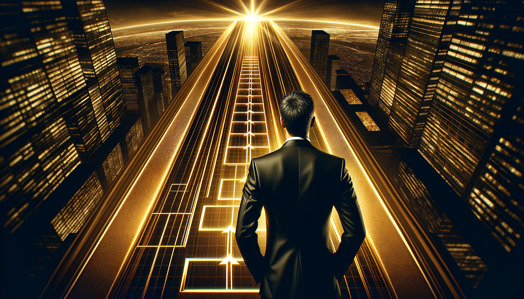 スーツを着た男が、高いビルに挟まれた光り輝く近未来的な通路に立ち、地平線の明るい光に向かっている。.