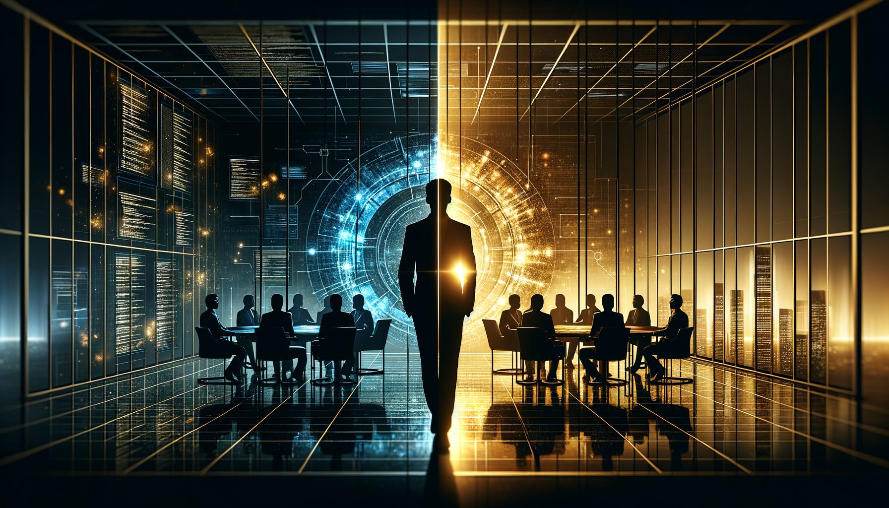 一方はデジタルデータ画面、もう一方はビジネス会議であり、テクノロジーと企業戦略の架け橋を象徴している。.