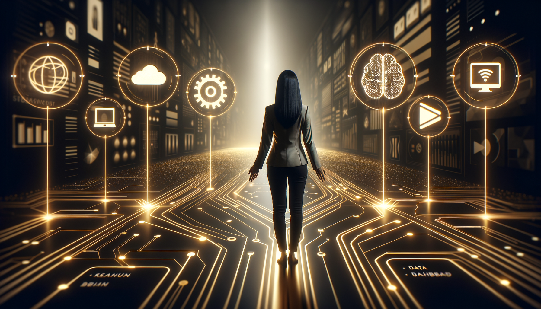 クラウド・コンピューティング、AI、データを象徴するデジタル・アイコンと未来的なサーバーに囲まれながら、女性が光り輝く回路路の上に立っている。.