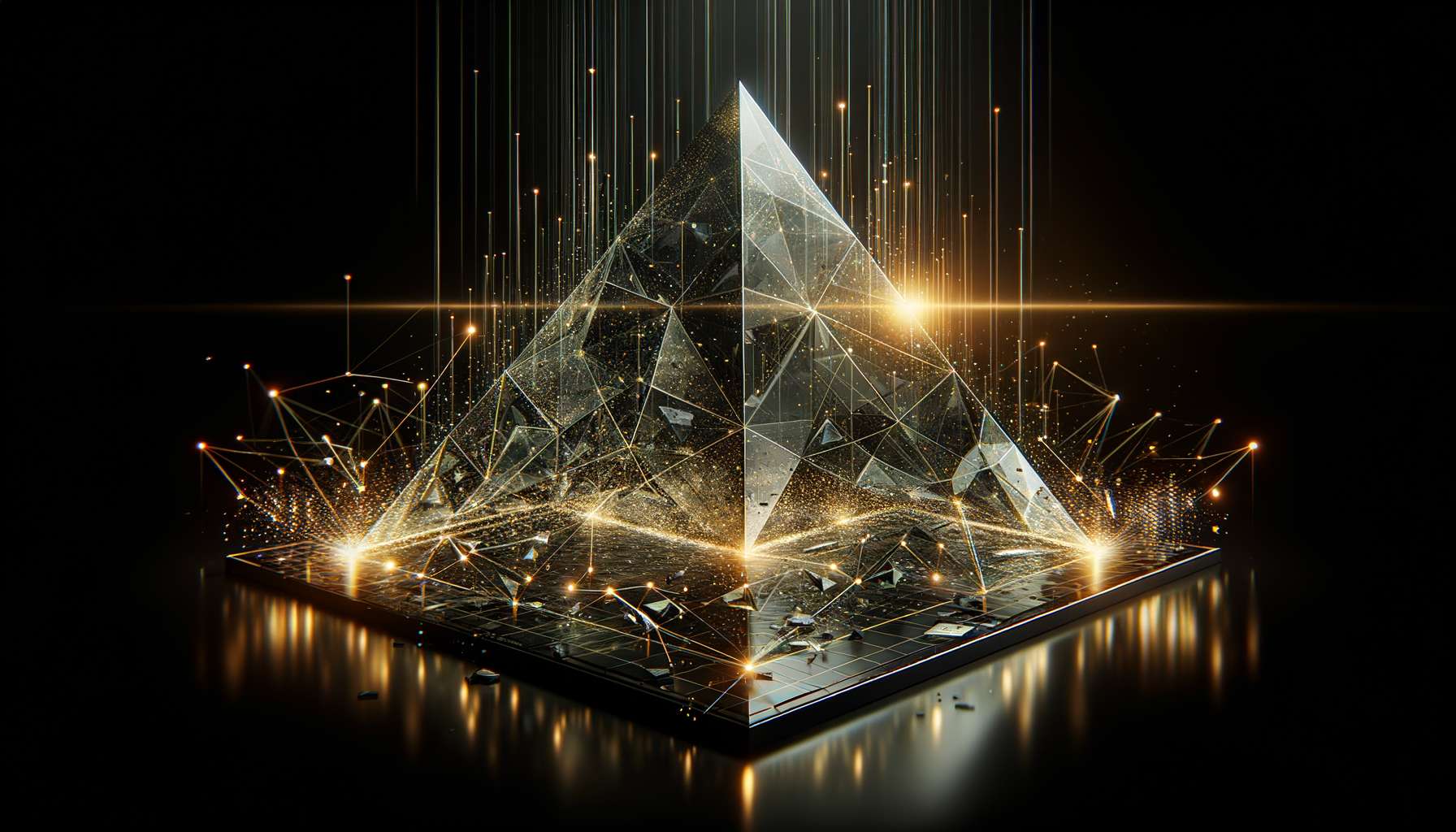 幾何学的なガラスのピラミッドが反射面に立ち、暗い背景の中で光る線とデジタル粒子に囲まれている。.