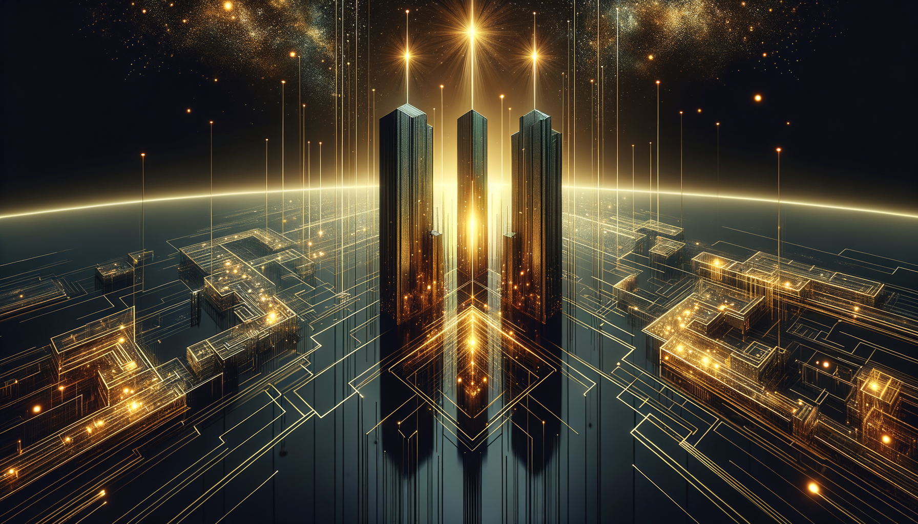 サーキットのような街並みから未来的な光を放つ高層ビルがそびえ立ち、デジタルでSF的な雰囲気の中、星のようなバーストとともに金色の光に照らされる。.