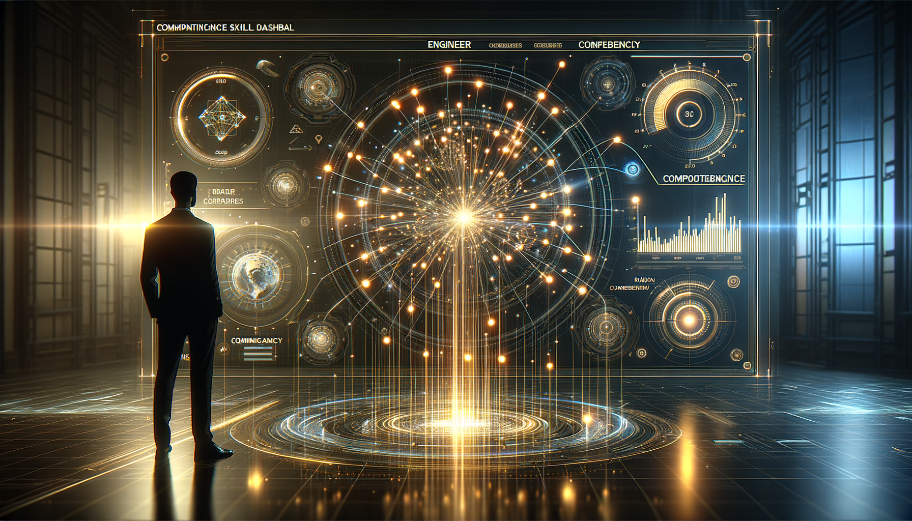 複雑なグラフ、チャート、データビジュアライゼーションが表示され、中央に光るノードと未来的なインターフェイス要素を持つ大きなデジタルダッシュボードの前に人が立っている。.