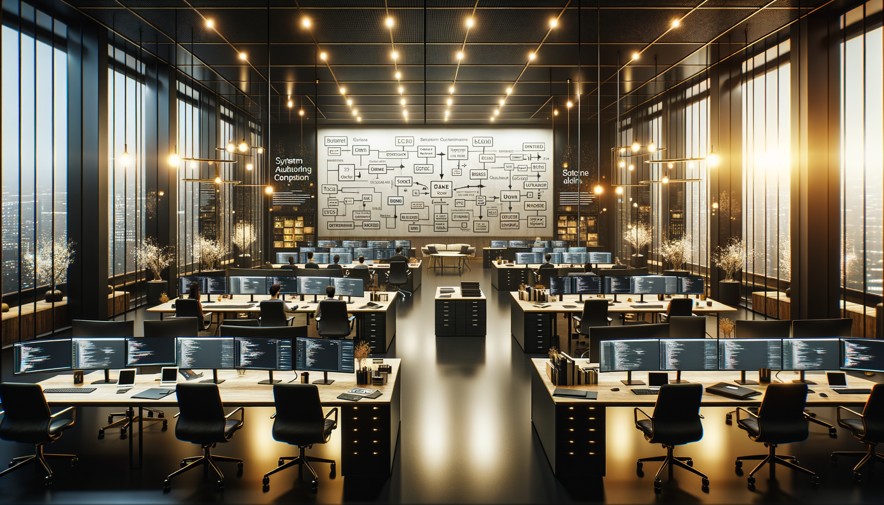 複数のデスクとコンピューター・モニター、大きな窓、そしてシステム・オートメーション、暗号化、データ、科学に関する複雑なフローチャートが描かれた壁があるモダンなオフィス。.