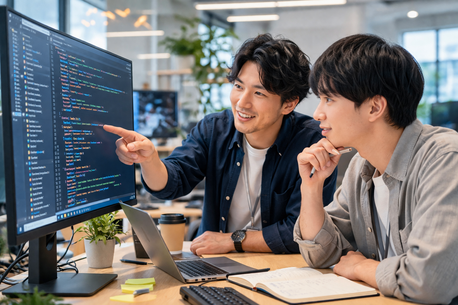 メンターと新人社員が並んでモニターを見ながらコードレビューしている様子