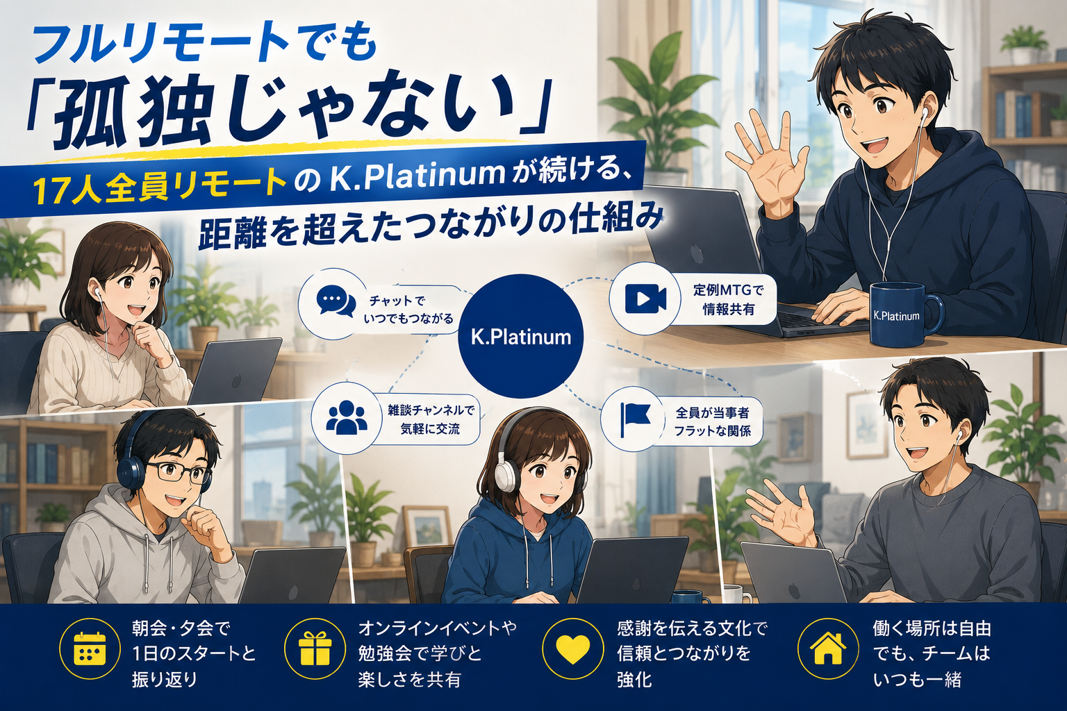 ビデオ通話やチャットでコミュニケーションをとりながら、遠隔で仕事をするアニメーショングループ。日本語のテキストでは、オンライン会議、チームワーク、遠隔イベント参加などの機能が紹介されている。.