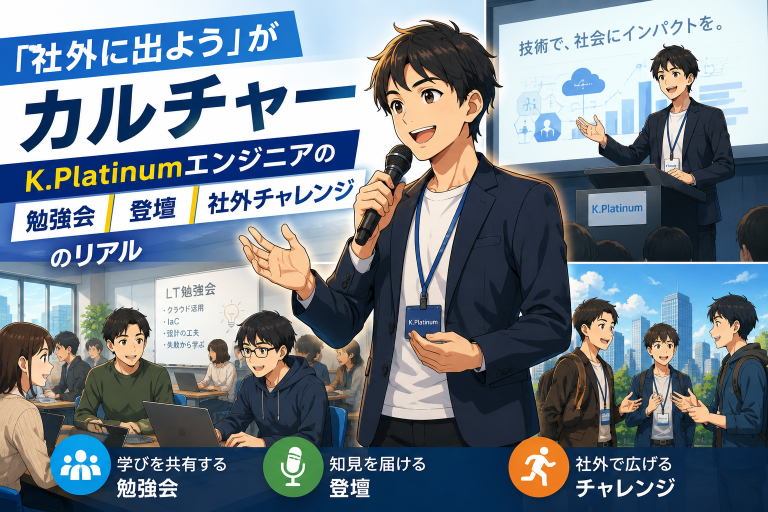 ある技術系イベントで、アニメーション化された男性がマイクに向かって話している。参加者たちと、勉強会やフォーラム、K.プラチナのエンジニアに関する課題などを説明する日本語のテキスト。.