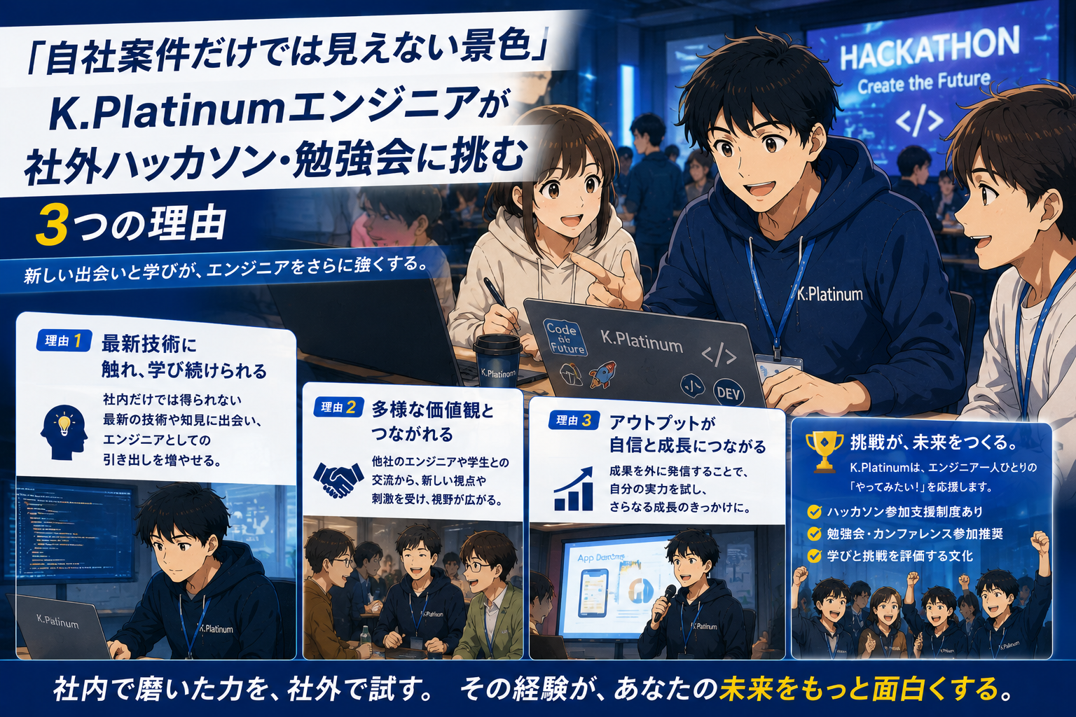 ハッカソンに参加し、ノートパソコンで共同作業をするケープラチナのエンジニアたち。日本語のテキストでは、エンジニアがこのような外部イベントに参加する3つの理由を説明している。.