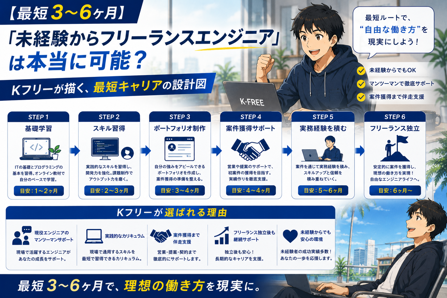日本語のインフォグラフィックは、3～6ヶ月でフリーランスエンジニアになるための5つのステップを説明するもので、カジュアルな服装でノートパソコンを使い、明るい表情をしている若者が描かれている。.