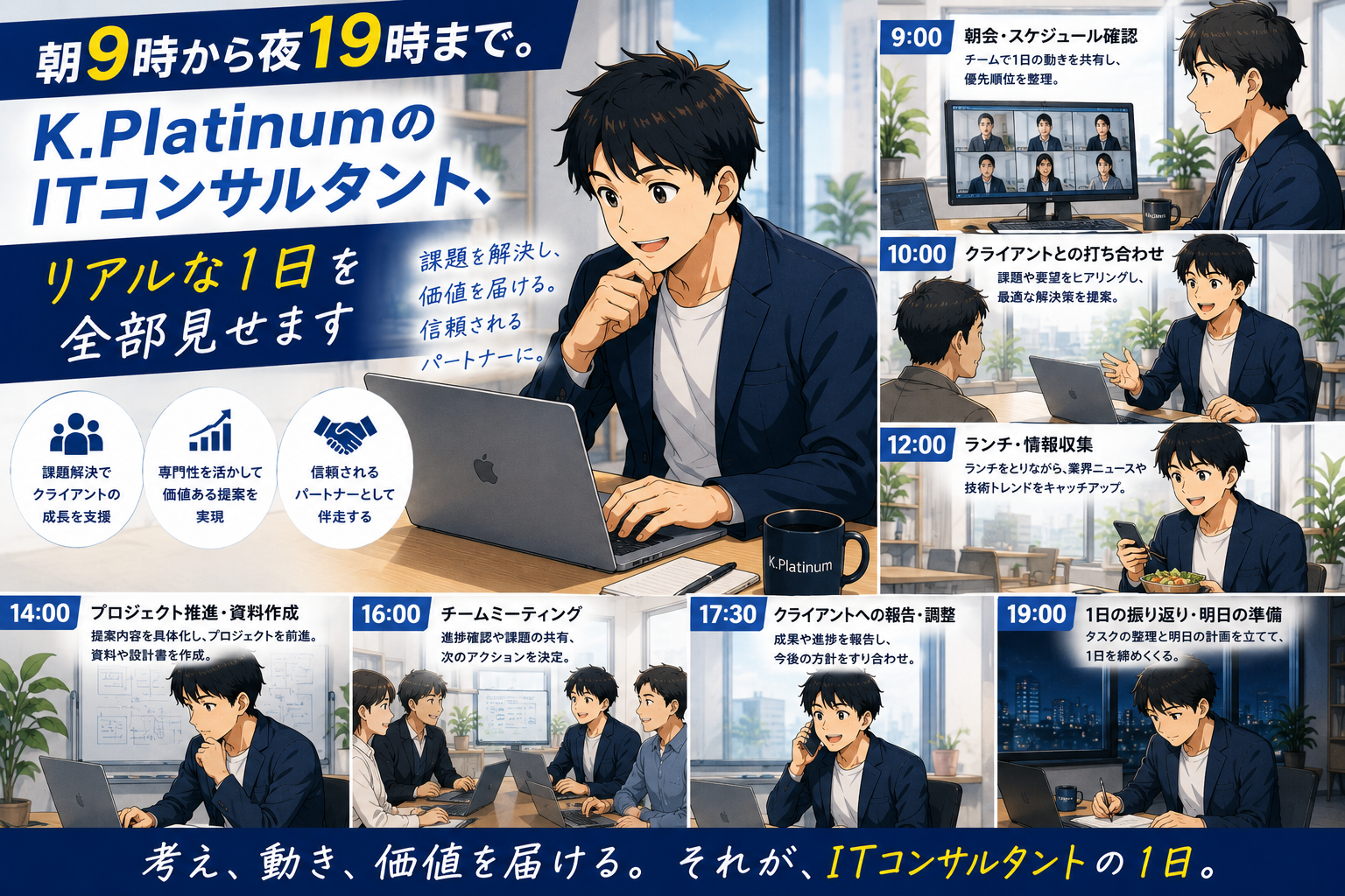 若い男性ITコンサルタントが、朝9時から夜7時まで、クライアントに会い、ノートパソコンで仕事をし、モダンなオフィスで仕事をこなすという忙しいスケジュールを、コミック風のレイアウトで描いている。.