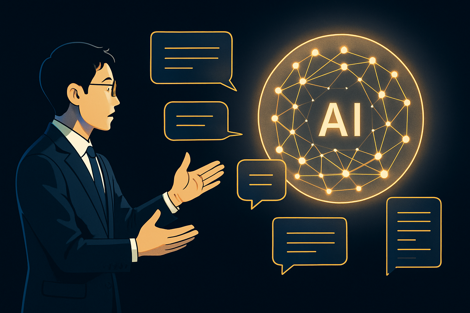スーツ姿の人物が、「AI」と書かれた光り輝くネットワークの球体を指さしている。その周囲には、人工知能とのコミュニケーションを象徴する、浮遊する吹き出しが浮かんでいる。.
