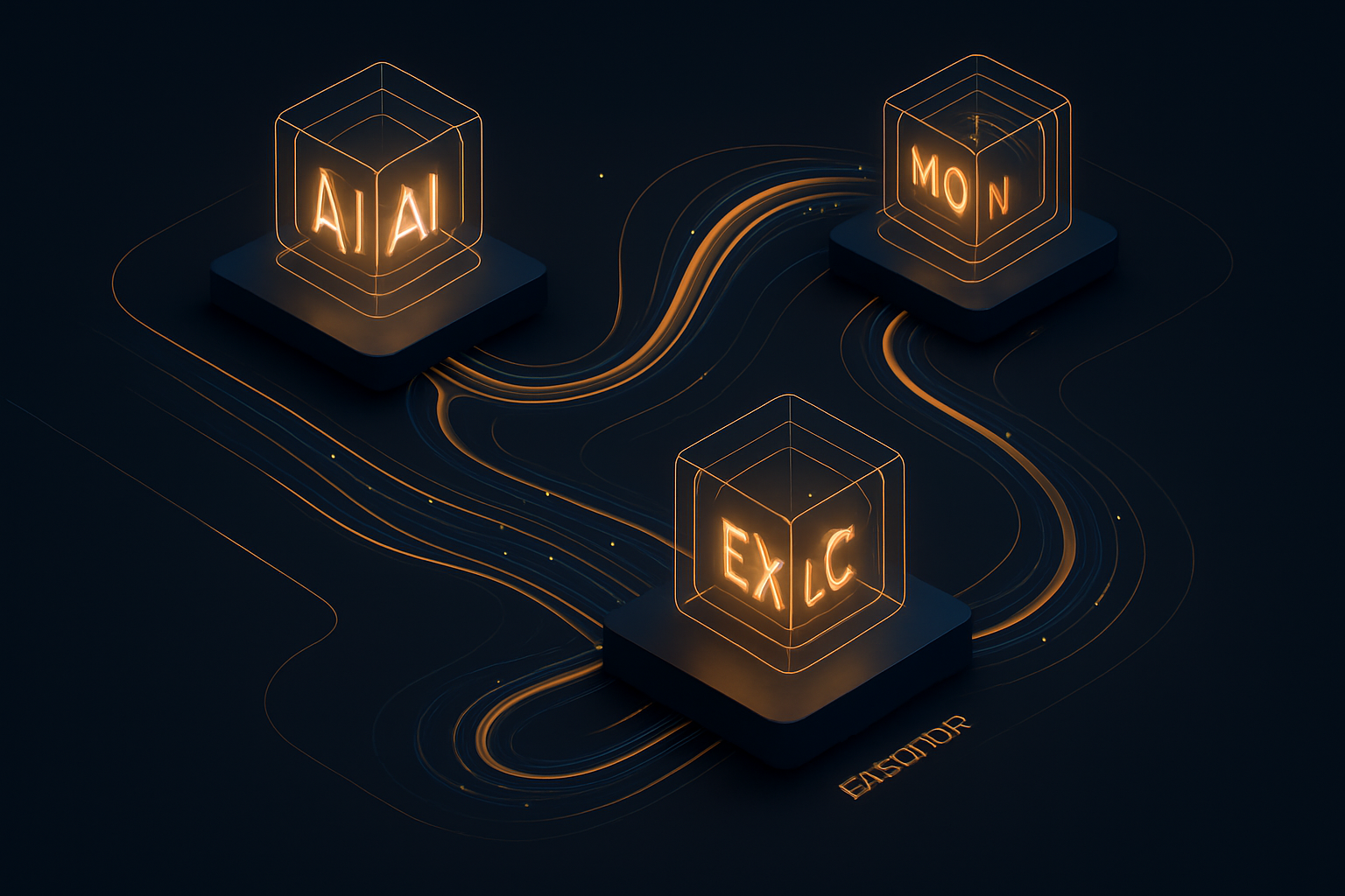 「AI」「MON」「EXC」と記された3つの光る立方体が、暗い背景の上でオレンジ色の光の軌跡によってつながっており、データやデジタル接続を表しています。.